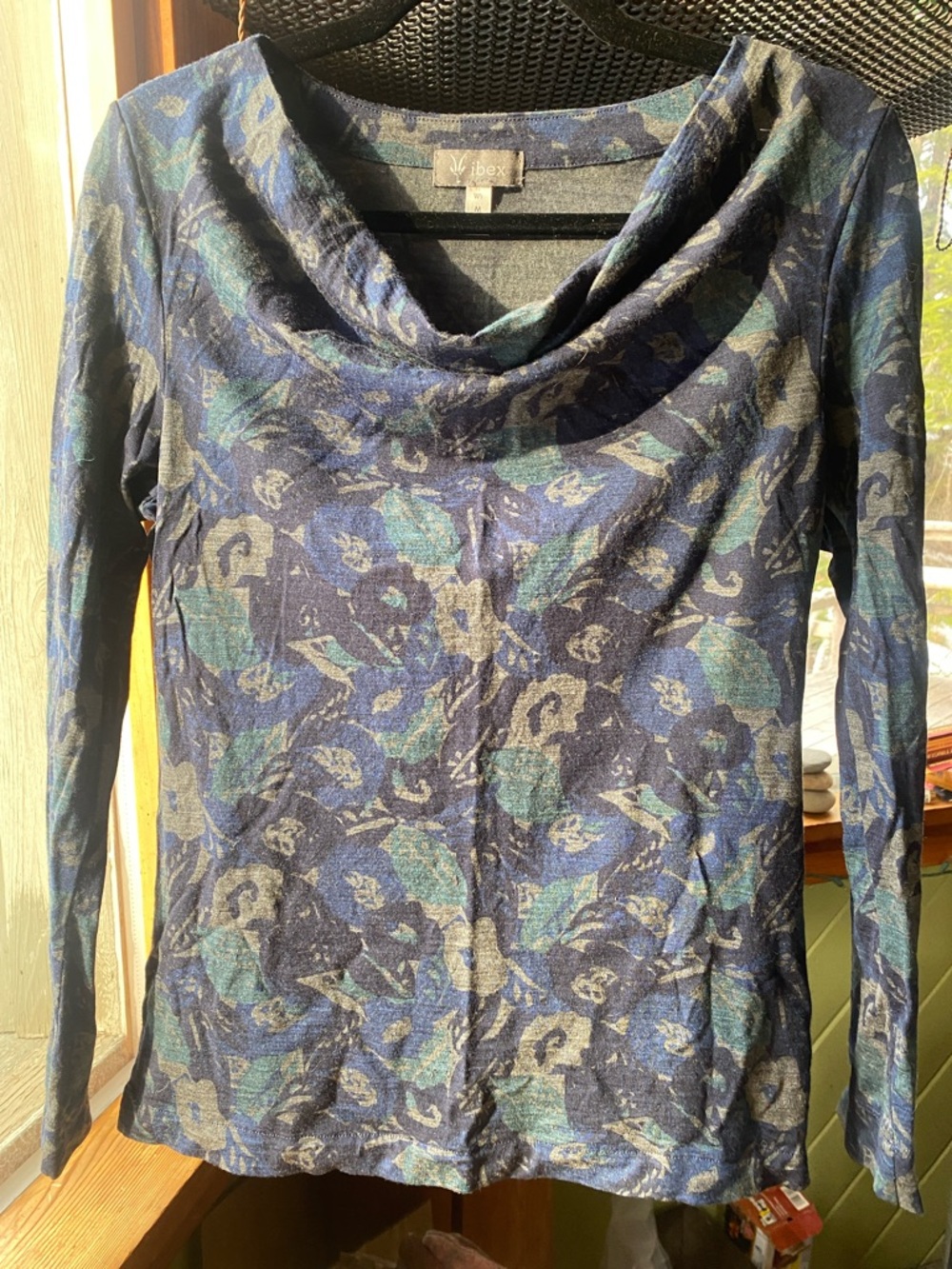 ibex Navy and Teal Floral Cowl-Neck Sweater